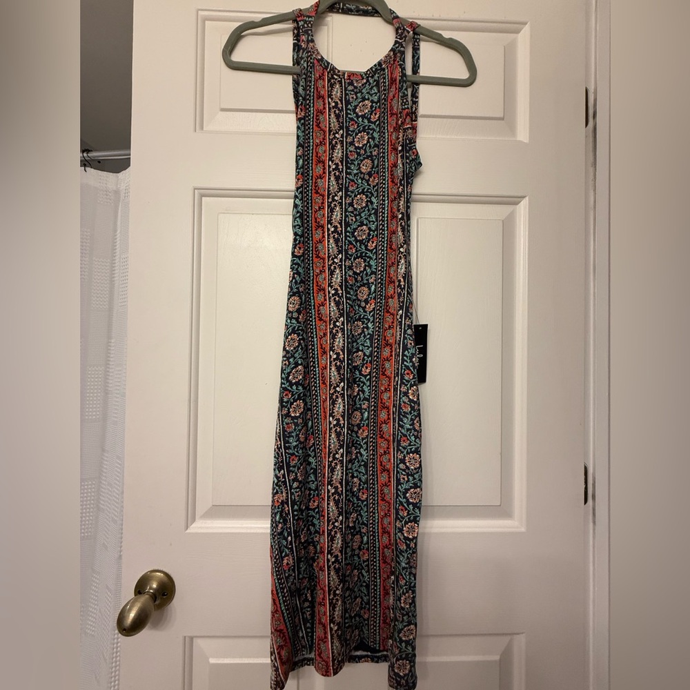 Lulu's Teal and Coral Striped Floral Maxi Dress